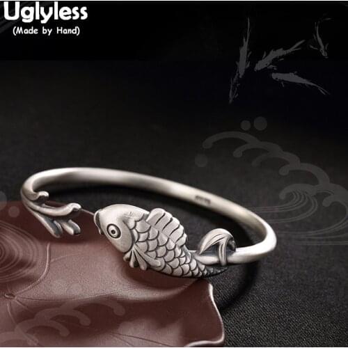 Uglyless Real 999 Fine Silver Jewelry Handmade Engraving Animal Bangles for Women Antique Tribe Totem Fish Bangle Ethnic Bijoux