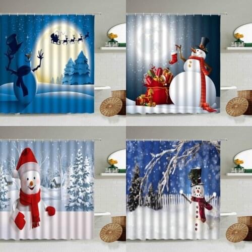 Cartoon Christmas Shower Curtain Winter Snowman Christmas Tree Fantasy Forest Elk Snow Scene Bathroom Decor Screen With Hooks