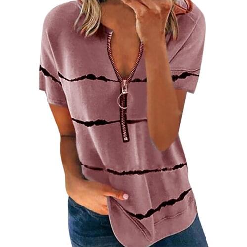 Women Tshirts High Quality Design Fashion Casual Tee Shirt Femme Striped Zipper Neck Loose Short-sleeved Summer Outfits Shirts