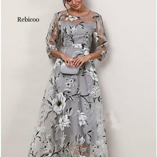 Summer New Dress Women Crew Neck Mesh Sleeve Floral Print Large Swing Double Layer Dress Elegant Lady Dress