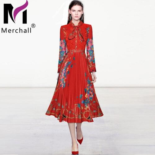 Merchall 2021 Runway Vintage Dress Woman Flower Print Beading Bow Collar Long Sleeve Pleated Maxi Dresses Female Clothing M69508