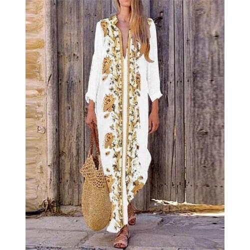 Women Casual Fashion Long Dress V Neck Long Sleeve Print Floral Loose Waist Beach Seaside Vecation Style Trip Vestidos 2021 New