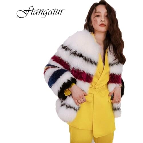 Ftangaiur Winter Women Weave Import Fox Fur Coat O-Neck Fox Fur Coat Contrast Color Womens Short Rainbow Real Fox Fur Coats