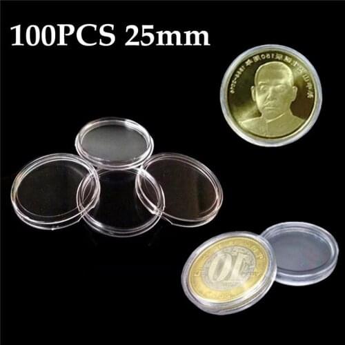 100Pcs/Set Cllear 25mm Coin Cases Capsules Holder Applied Clear Portable Round Storage Box Storage Coins Transparent Protection