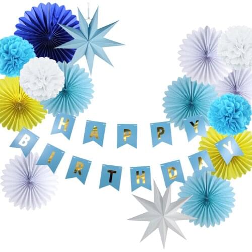 16Pcs Blue Sky Theme Party Decoration Set Happy Birthday Banner Paper Fans Pom Pom Flowers For Birthday Baby Shower Decoration