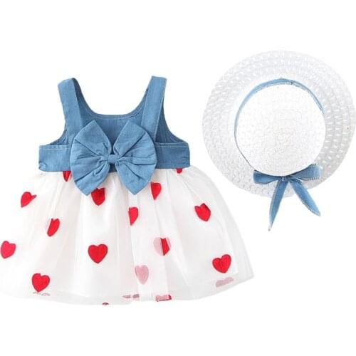 FOCUSNORM 0-3Y Princess Baby Girls Lace Tutu Dress+Hats 2pcs Denim Lace Patchwork Heart Printed Sleeveless Sundress
