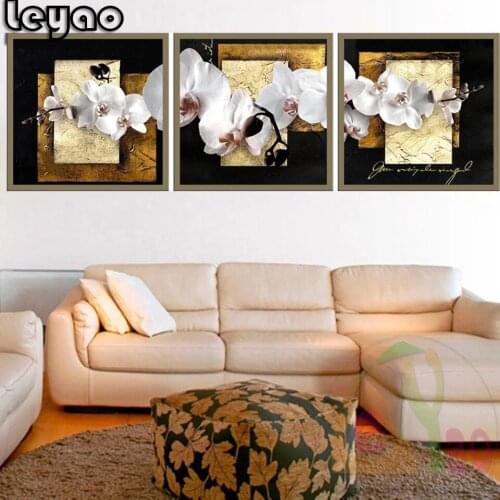 5D Diy Full Square/Round Diamond Painting Triptych Orchid Diamond Embroidery Abstract Modern Flower Mosaic Picture Home Decor