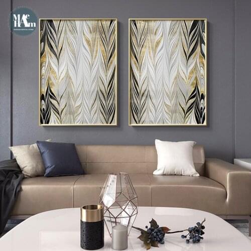 Abstract leaves gold foil geometric lines canvas painting posters and print wall art pictures for living room modern decor