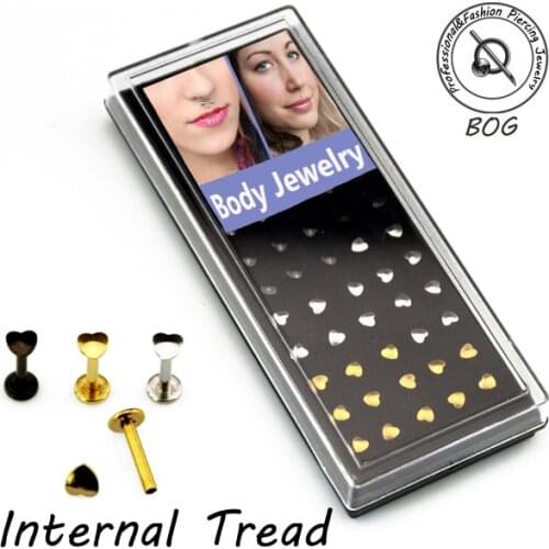 BOG-40 Pieces 316L Internal Thread Heart Top Labret lip monroe bars Stud rings 16g Gold&Black&Silver color
