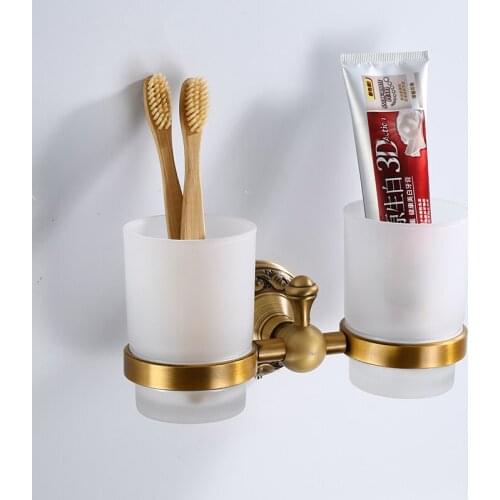 Cup Tumbler Holders Toothpaste Toothbrush Holder with Double Glass Cups Wall-Mounted Bathroom Accessories Hardware