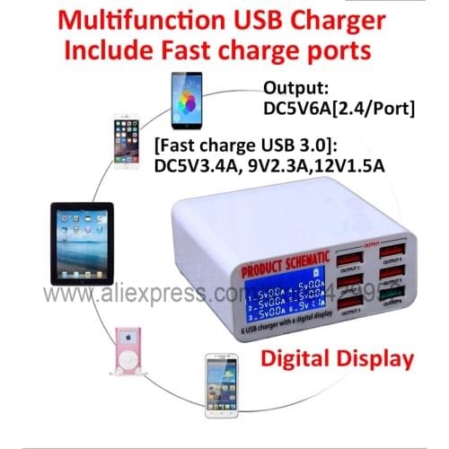 Display screen Quick Charge QC3.0 Adapter USB Charger Smart 6 / 8 Port Desktop Charger Mobile Phone Travel Charger