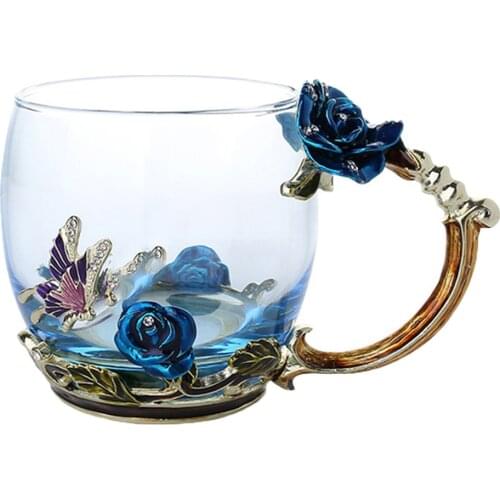 Enamel Coffee Tea Cup Mug 3D Rose Butterfly Glass Cups Wedding Gift C1