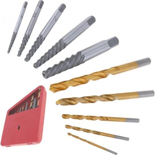 10pcs/set CR-V Metric & Imperial Screw Extractor and Titanium Twist Drill Set with Metal Iron Box for Bolt Removal