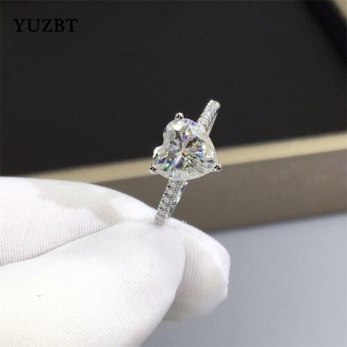 18K White Gold Plated Excellent Cut 2 Carat Heart Gemstone Diamond Test Past D Color Moissanite Ring 925 Silver Wedding Jewelry