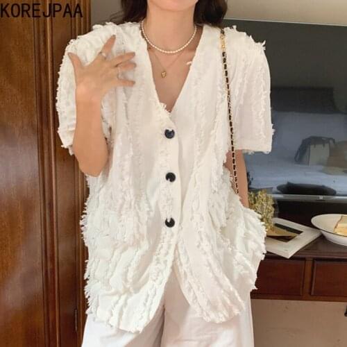 Korejpaa Women Jackets 2021 Summer Korean Chic Elegant V-Neck Three-Button Design Heavy-Duty Fringed Loose Short-Sleeved Jacket