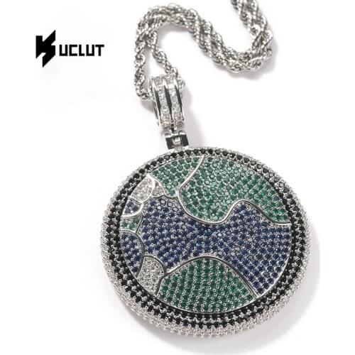 Earth Map Round Pendant Clawing Setting Bling Cubic Zirconia Rotatable Pendant Tennis Chain Rapper Hiphop Jewelry