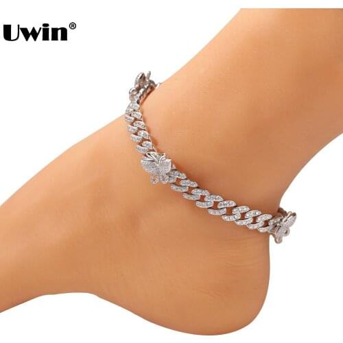 UWIN 9mm AAA Zircon Copper Miami Cuban Anklets for Girls Iced Out Extended Chains with 3 Butterflies Hiphop Jewelry