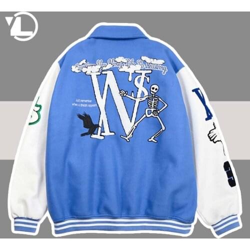Skeleton Flocking Baseball Jacket Men Women Blue Hip Hop Streetwear Patchwork Varsity Jackets Loose Bomber College Coats Unisex