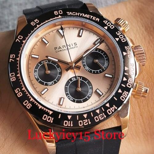 PARNIS Luxury Quartz Rose Gold VK Chronograph Men Watch Black Bezel Sapphire Crystal Three-eyed Dial Polished Case