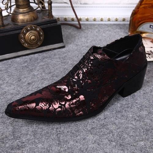 Sapatos Social Vestir Mens Genuine Leather Pointed Toe Claret Lace up Glitter Shoes Brand New Wedding Dress Shoes Men Flats