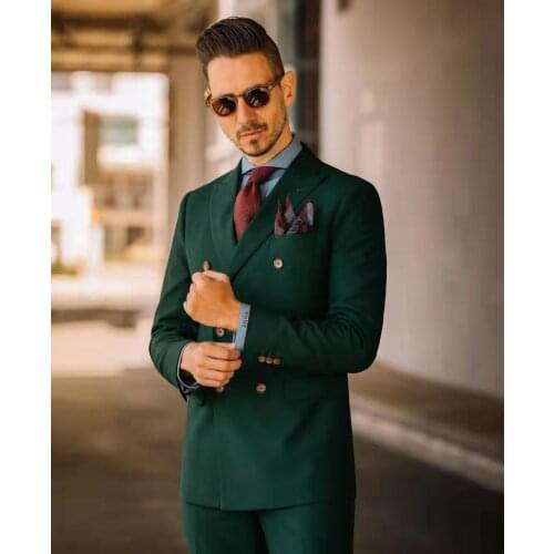 Newest Slim Fit Men Suit Green Peak Lapel Double Breasted Business Casual Evening Tuxedo 2 Piece(Blazers+Pant) Custom Made
