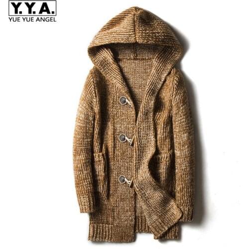 2020 Hooded Mens Sweater Cardigan Large Size M-5XL Knitted Outwear Coat Personality Buckle Design Long Coat Jaqueta Masculino