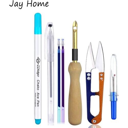 7Pcs Embroidery Kits Punch Needle Wooden Handle Embroidery Pen&Fabric Marker Pen&Thread Cutter&Seam Ripper DIY Sewing Tool Sets