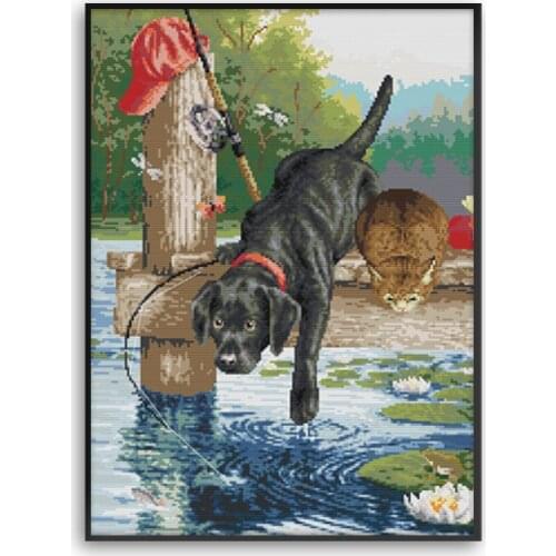 Animal Dog Fishing11CT 14CT Cross Stitch Kits DIY Chinese Embroidery Needlework for Home Children Bedroom Decor DA080