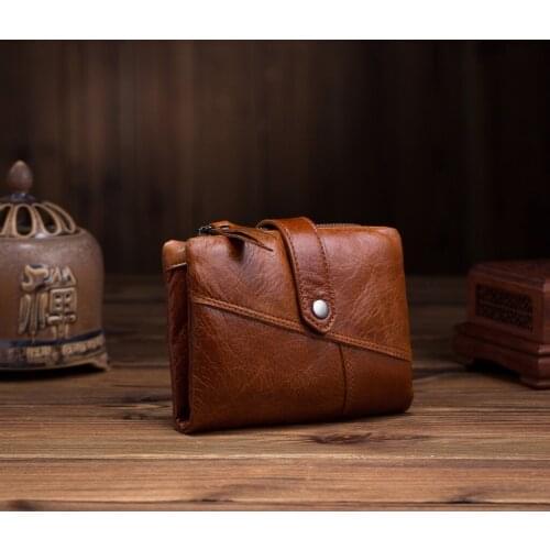 New casual style unisex high quality men zipper wallet Oil wax cowhide short wallets genuine leather purse clutch bag