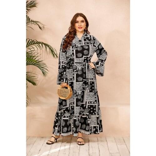 DOIB Women White Black Print Plus Size Dress V Neck Flare Sleeve Sashes Long Wrap Dress 2020 Autumn 4XL Dress