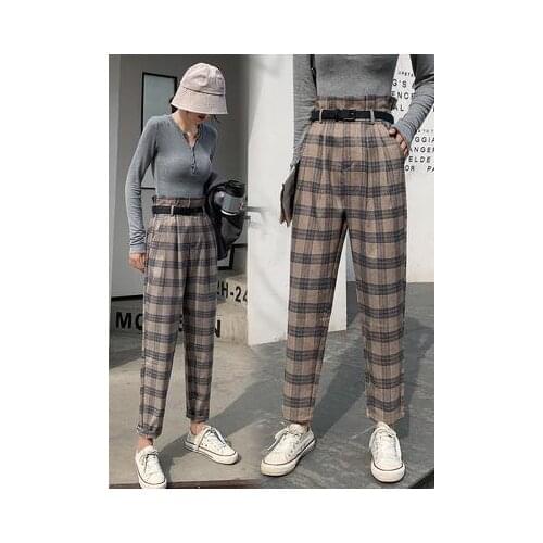 Casual Vintage Plaid Pants Femme Harem Pants Plus Size Casual Vintage Plaid Pants Femme Harem Pants Plus Size Autumn New Korea f