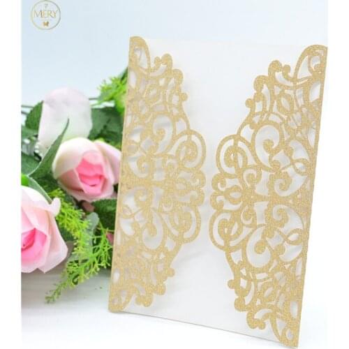 Rose gold color laser cut glitter paper wedding luxury invitation card