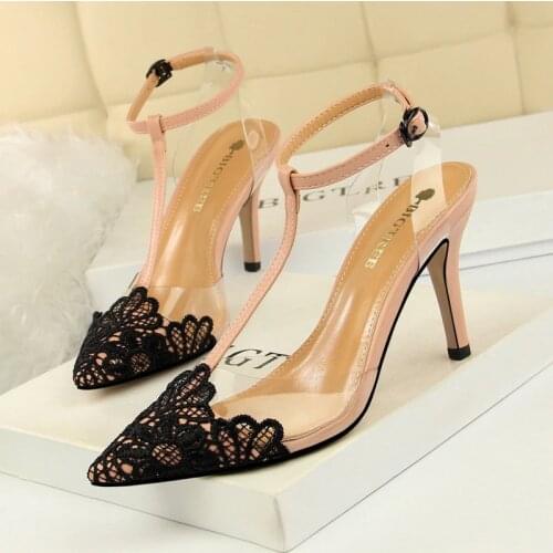 Women Shoes Pumps Pointed Toe Lace Pointed T-band 8.5CM thin High Heels Boat Wedding Dress Office Party Shoes