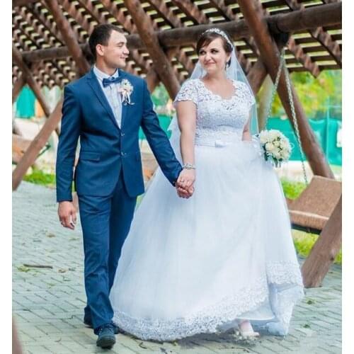 Country Vintage Lace 2021 plus size A-Line Wedding Dresses short Sleeves lace Tulle Princess bow sash Cheap Bridal Dresses