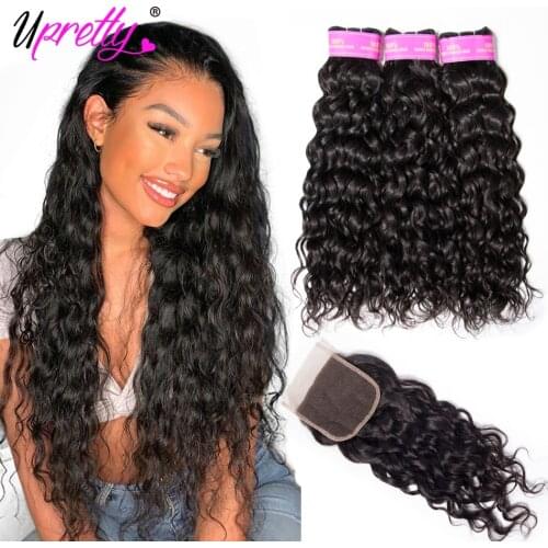 Upretty Water Wave Bundles With Closure Brazilian Hair Weave 3 Bundles With Closure Wet And Wavy Human Hair Bundles With Closure