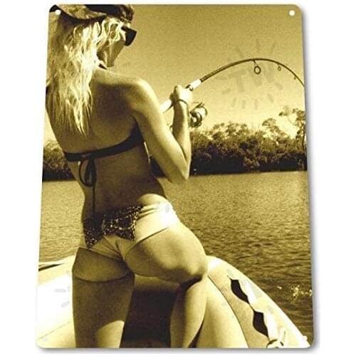 WOOOOL Good Catch Pinup Girl Sexy Cowgirl Fishing Novelty Retro Vintage Wall TinRetro Sign Wall TinQuote Art Poster for Home