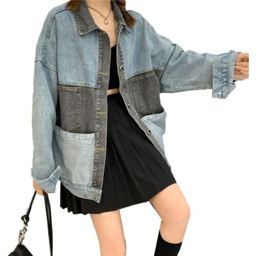 Spring Autumn Ladies Denim Top 2021 New Style Cowgirl Long-Sleeved Womens Outerwear Loose All-Match Stitching Female Jacket