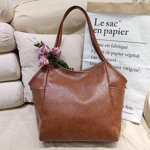 Retro Leather Tote for Women Large Capacity Shopper Bag Female Shoulder Casual Tote Elegant Commuting Bag Purse Brown 2021 New