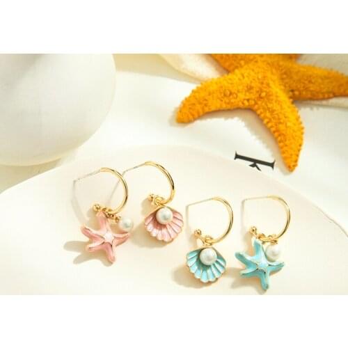 Fashion Jewelry Simple Ear Drop Asymmetric Pink Green Starfish Shell Dangle Earrings For Women 2020 New Girl Wholesale Factory