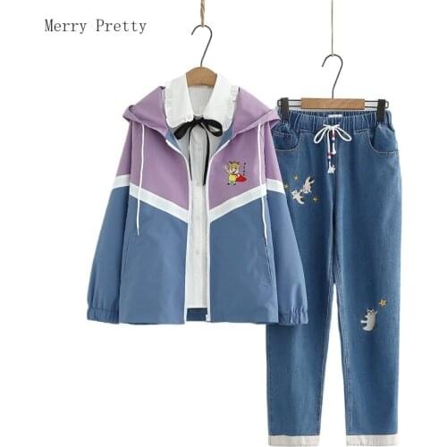 Womens Clothing Casual Sets Pants Set Zipper Hooded Jackets with Denim Pants White Tie Blouse Tracksuit 2021 Three Piece Set