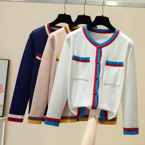 Autumn 2021 Women Cardigan Hit Color Striped Fashion Sweater Long Sleeve Top Woman Sweaters Cardigans Thin Knit Coat Pull Femme