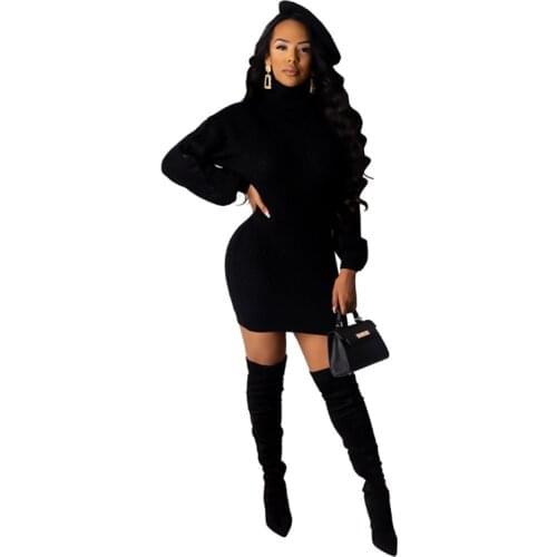Women Knitted Sweater Turtleneck Dress Autumn Winter Solid Fashion Ladies Basic Long Sleeve Dress Femme Vestidos Plus Size
