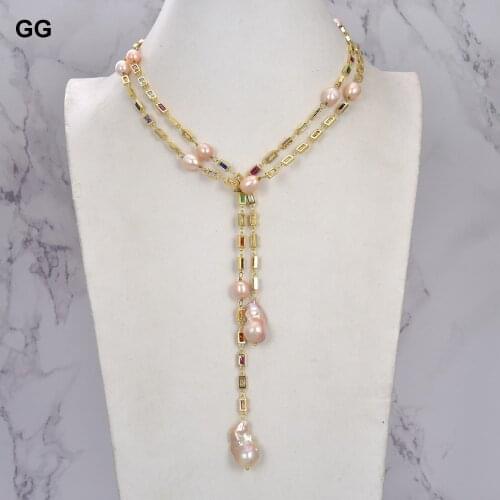 GuaiGuai Jewelry Cultured Pink Keshi Pearl Mixed Color Rectangle Cz Pave Long Chain Necklace sweater chain necklace for women