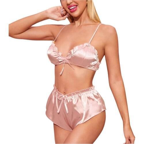 Ladies Sexy Solid Color Underwear Bowknot Suspender Comfortable Pajamas Set