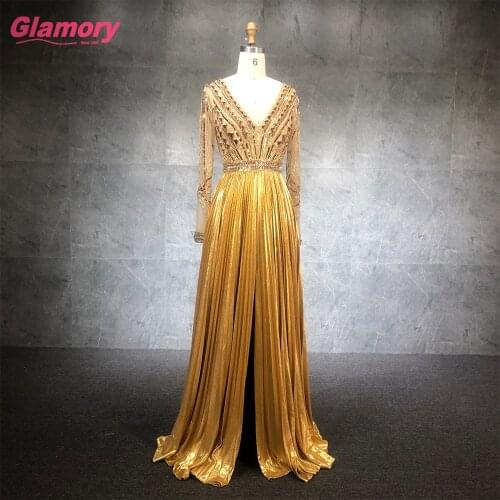 2021 New Collection Luxury Long-Sleeve V-Neck Party Gown For Fat Women Celebrity Sexy Evening Dress