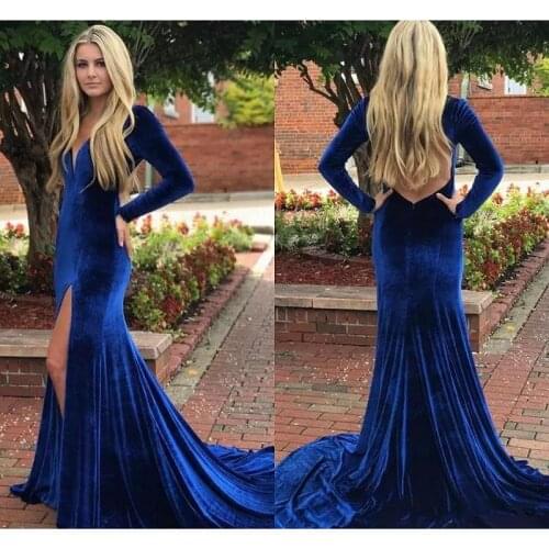 Long Sleeve Valvet Mermaid Evening Dresses 2020 Vestido Longo Festa Side Split Open Back Formal Women Prom Dress Pageant Gowns