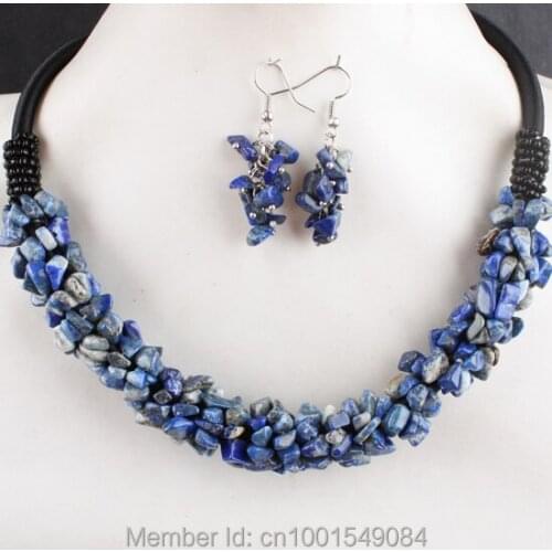 6X4MM Lapis Lazuli Chip Beads Rope Charm Necklace & Earring 1 SET