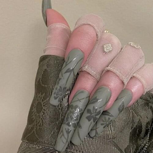 24pcs Green Floral Nail Extension Patch False Nail Set Waterproof Nail Art Supplies DEC889