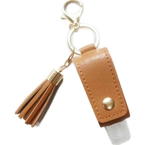 30ml Portable Empty Leakproof Plastic Travel Bottle for Hand Sanitizer with Tassels Leather Keychain Holder Carriers