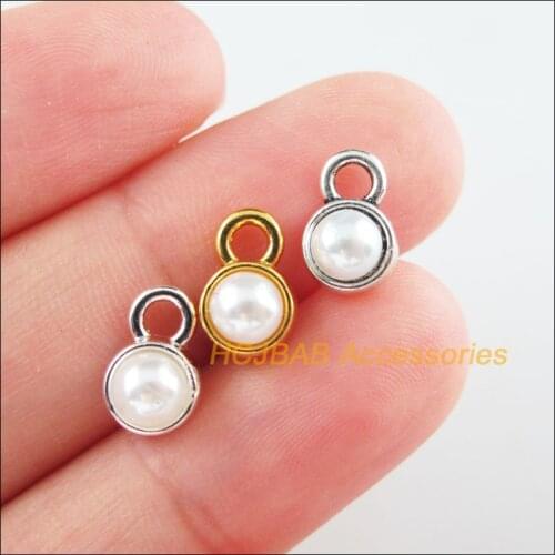 35Pcs Tibetan Silver Gold Silver Plated Round White Acrylic Beads Charms Pendants 7x10.5mm